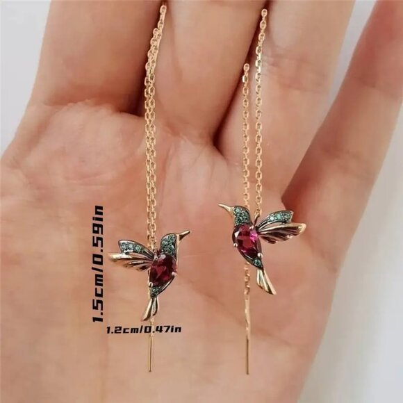 Long Ganging Cardinal Creative Exquisite Hummingbird Threader Gold Earrings - Picture 6 of 6